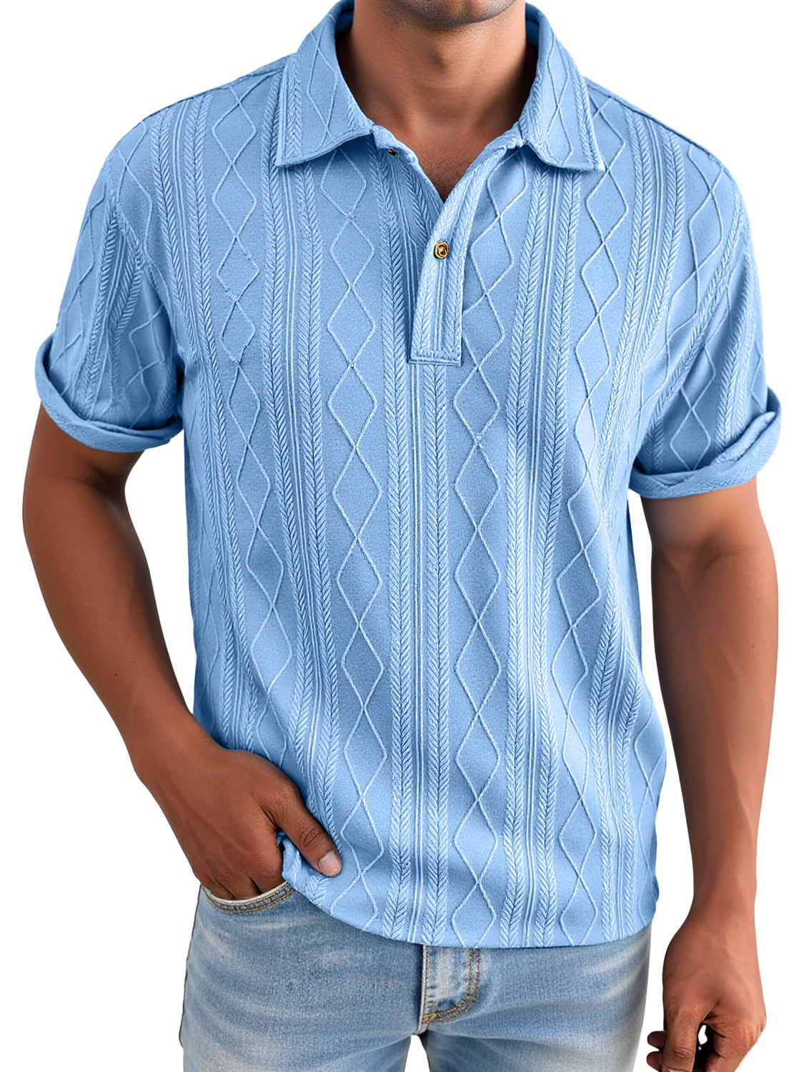 Men's Daily Jacquard Texture Casual Lapel Solid Color Short-sleeved Polo Shirt