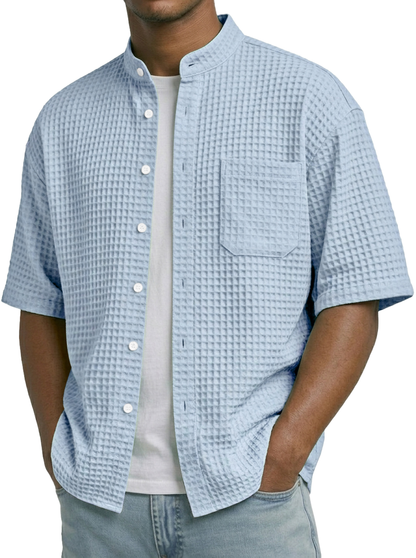Men's Waffle Collar Stand Collar Pocket Casual Short-Sleeve Shirt