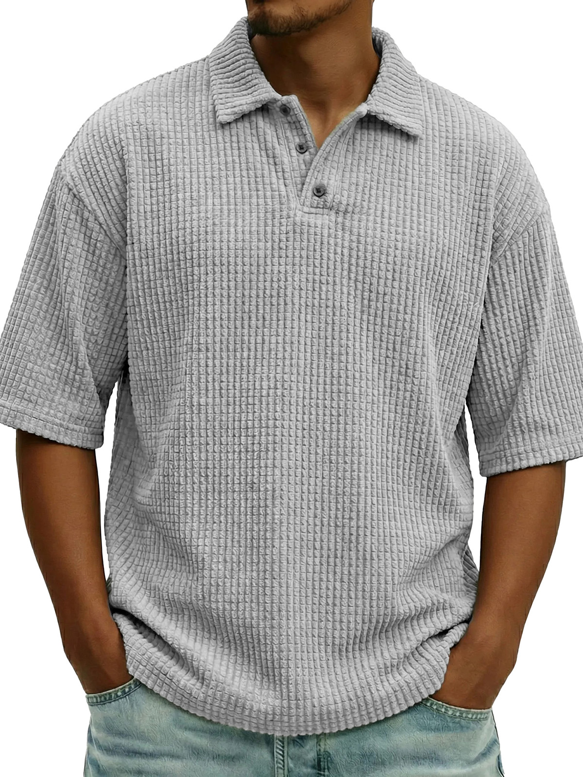 Men's Fashionable Casual Waffle Knit Collar Short-Sleeve Polo Shirt