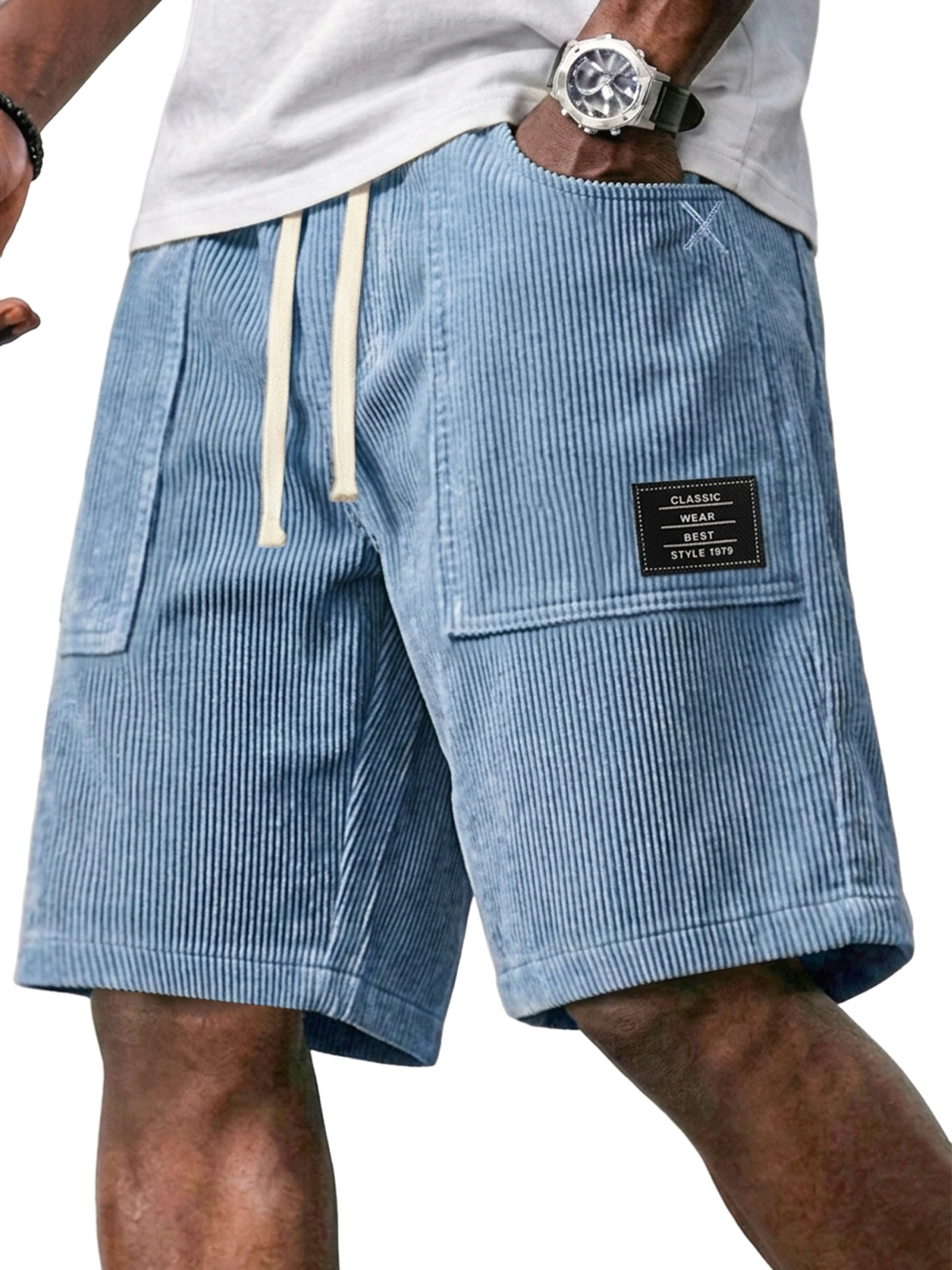 Men's Retro Corduroy Patch Pocket Embroidered Logo Elastic Waist Casual Shorts