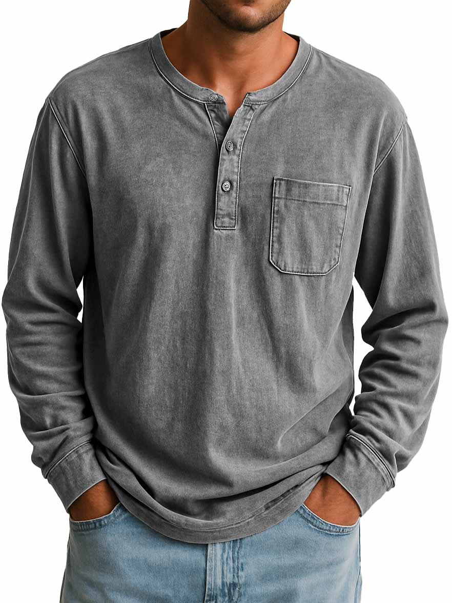 Men's Stylish Retro Outdoor Distressed Pocket Stand Collar Long-sleeved Henley Shirt