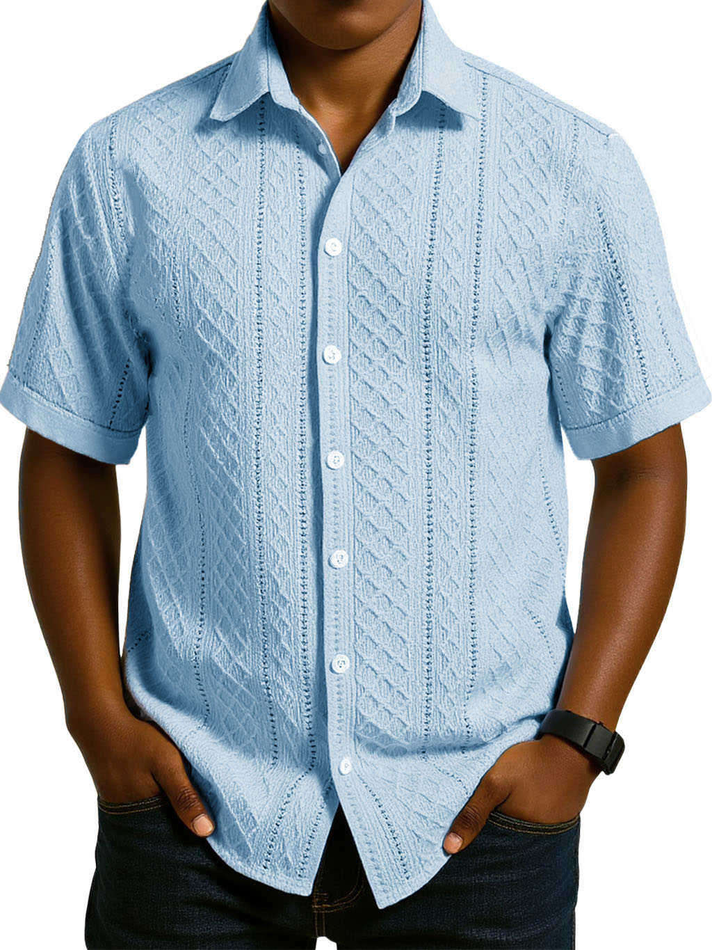 Men's Fashion Casual Jacquard Fabric Lapel Short-sleeved Shirt