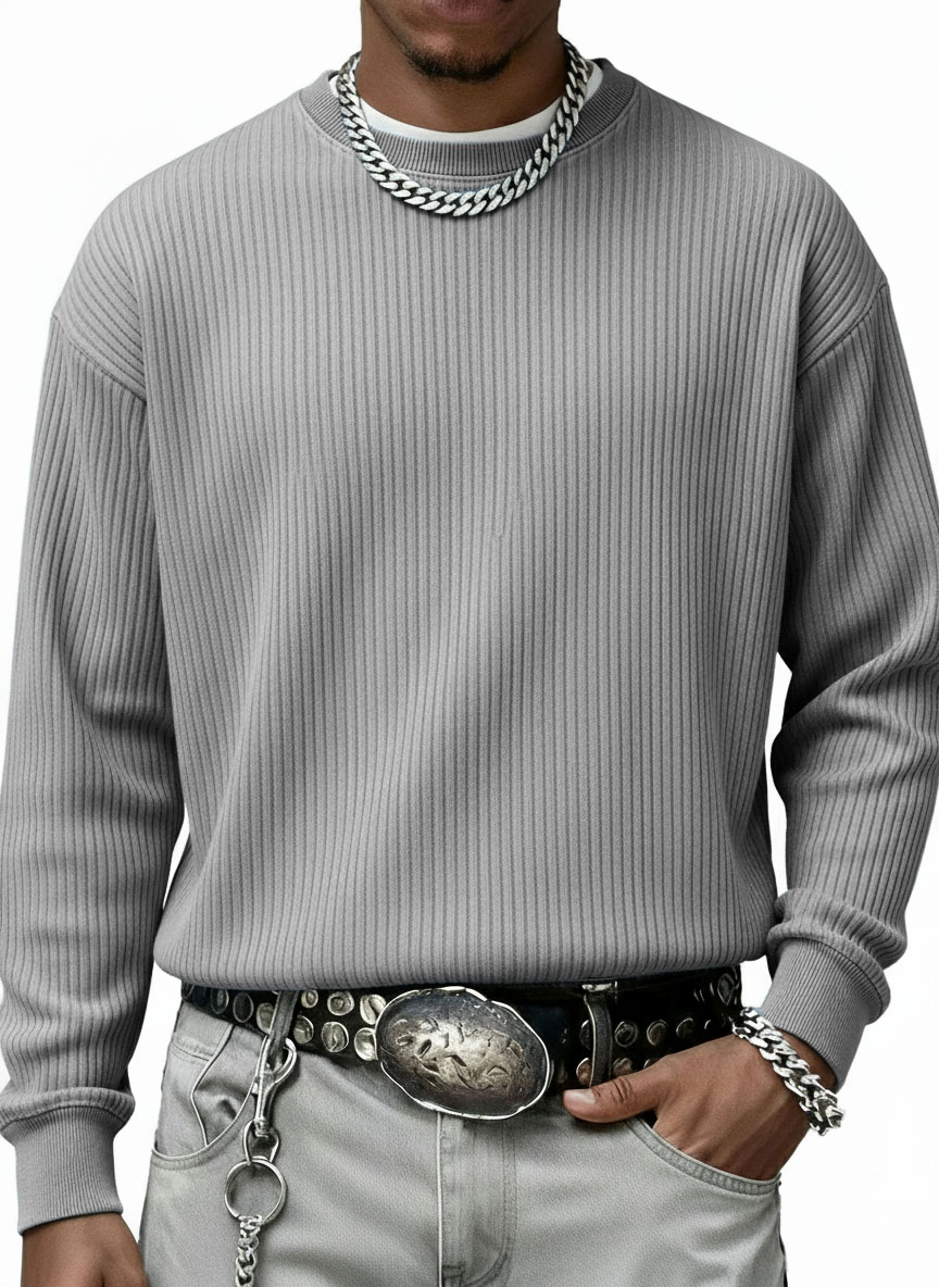 Men's Stylish Casual Vintage Crewneck Ribbed Fabric Long-sleeved Base T-shirt