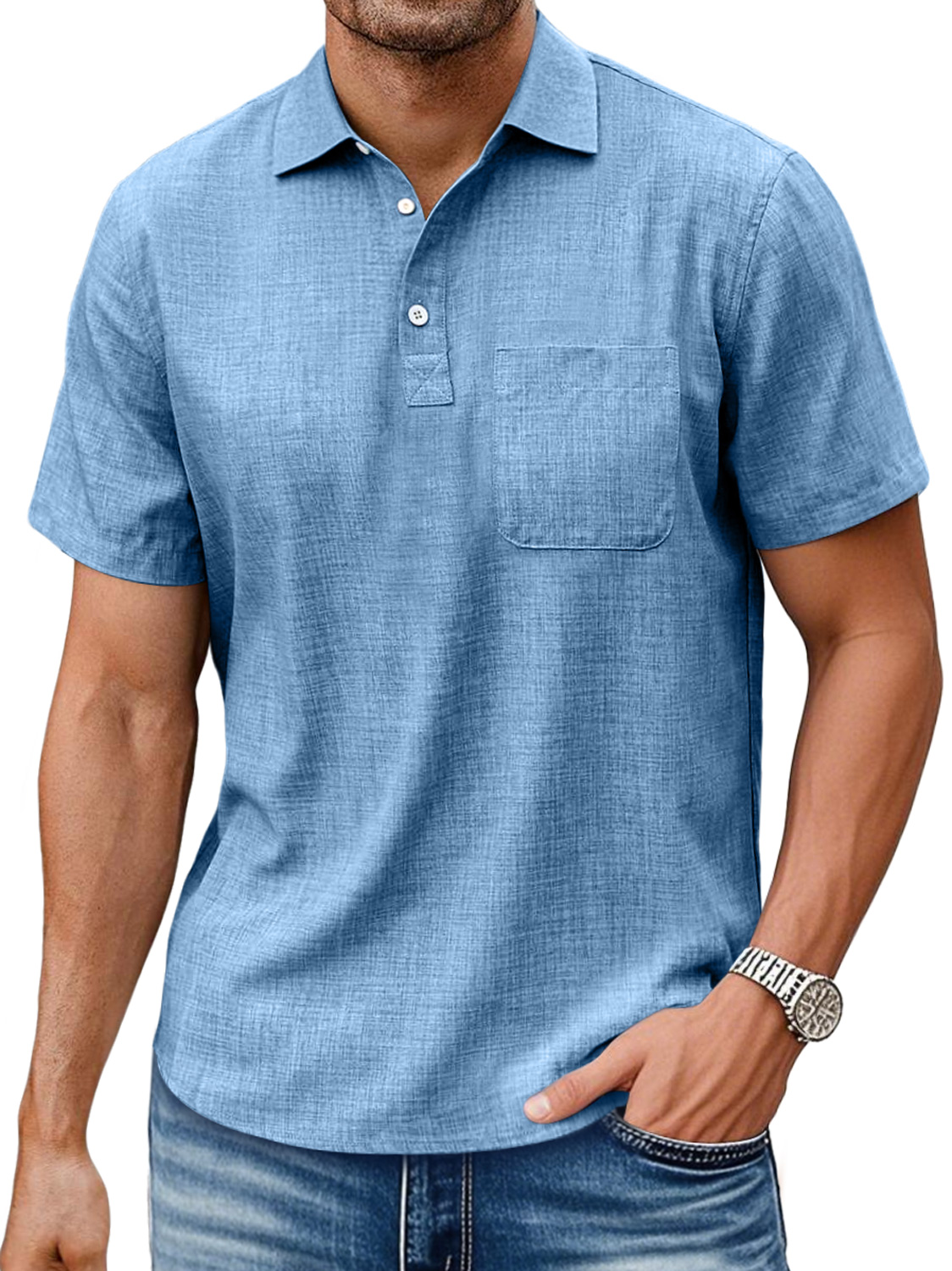 Men's Daily Lapel Pocket Casual Comfortable Solid Color Short-sleeved Polo Shirt