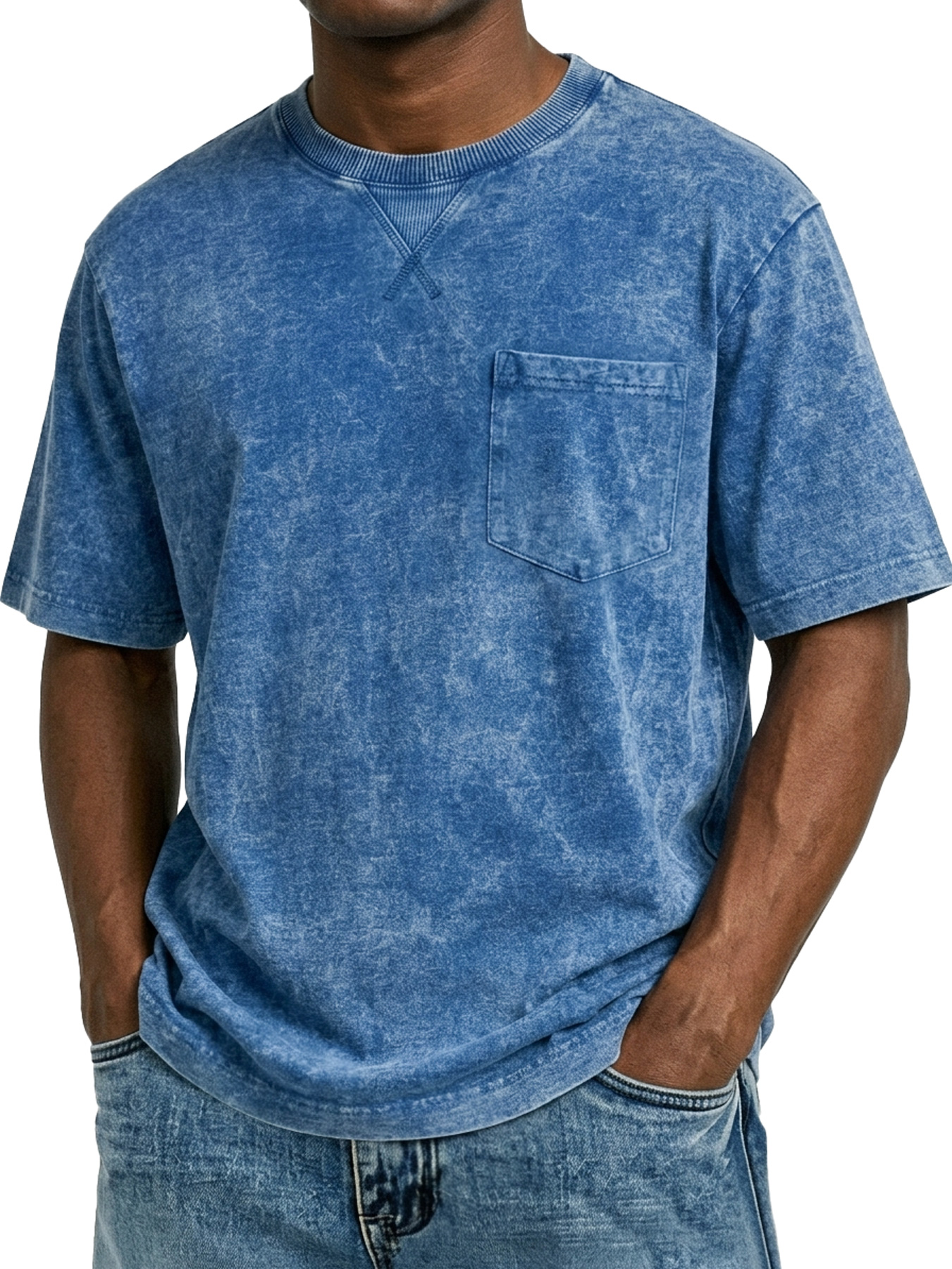 Men's Retro Cross-Strip Design Casual Crew Neck Pocket Short-Sleeve T-Shirt