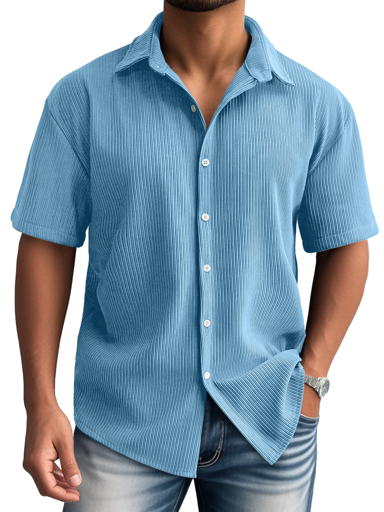 Men's Daily Lapel Ribbed Casual Comfortable Short-sleeved Shirt