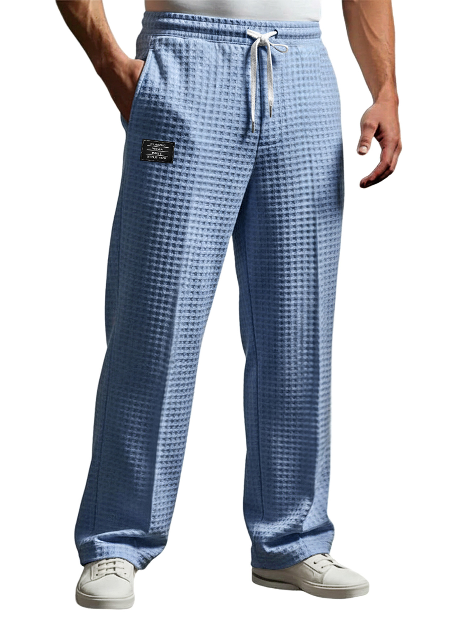 Men's Waffle Embroidered Logo Casual Loose Trousers