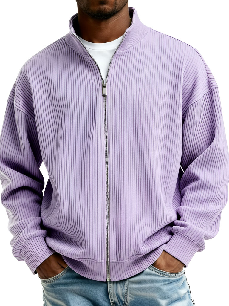 Men's Fashion Casual Stand Collar Ribbed Fabric Long-Sleeve Jacket