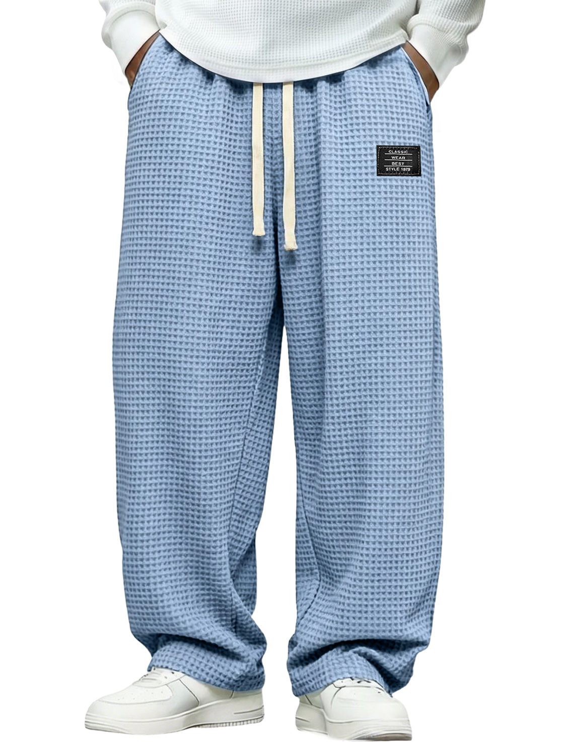 Men's Simple Waffle-knit Casual Loose-fitting Trousers With Embroidered Logo
