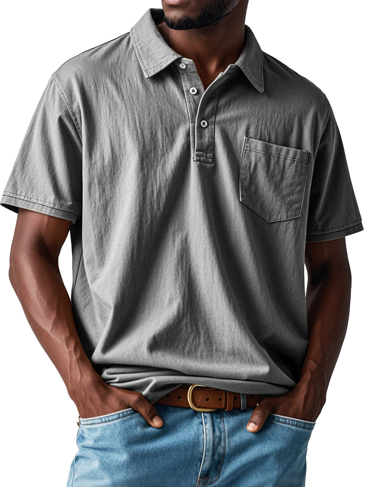 Men's Retro Distressed Pocket Short Sleeve Lapel Polo Shirt