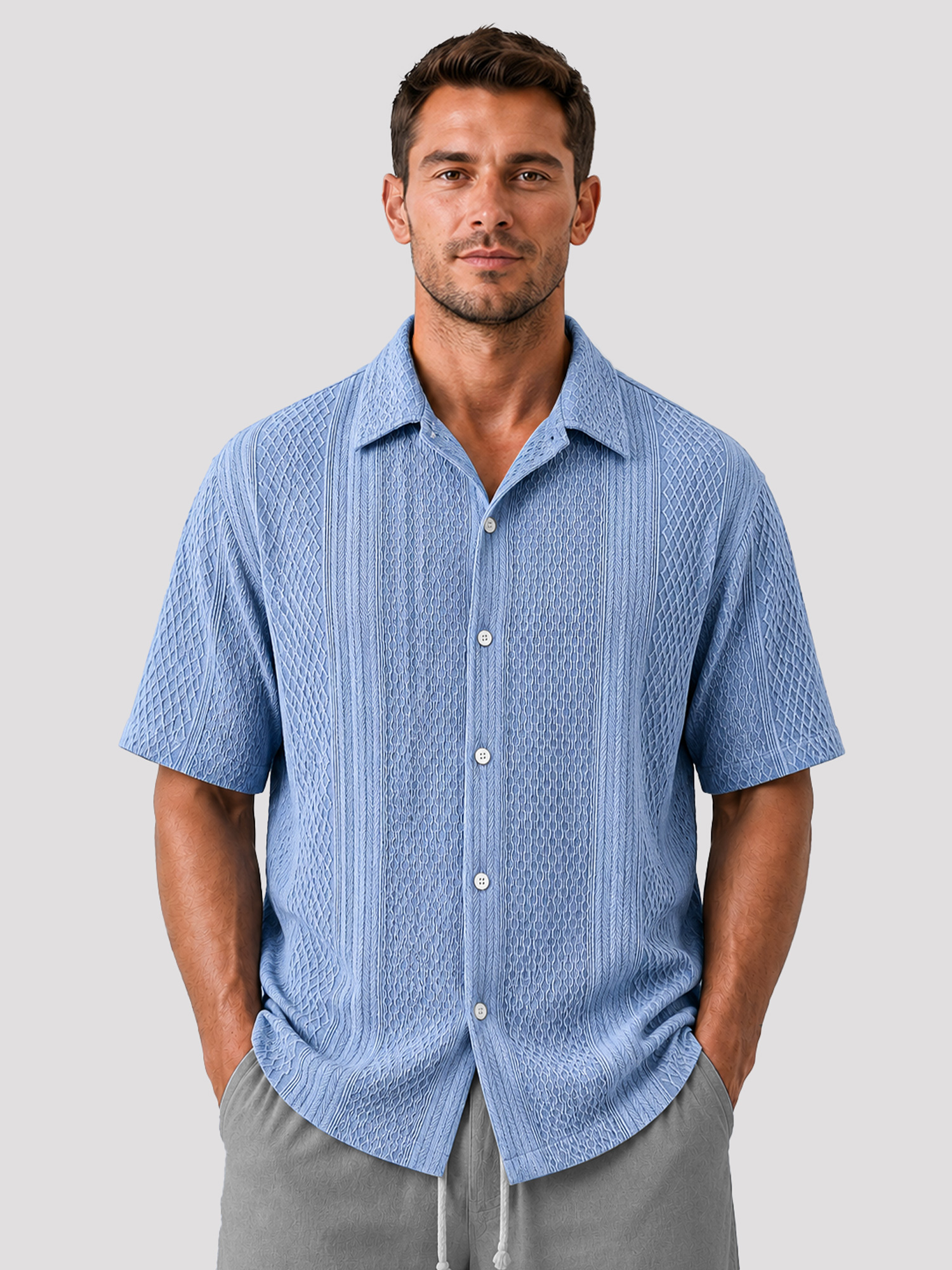 Men's Casual Jacquard Textured Solid Color Short-Sleeve Shirt