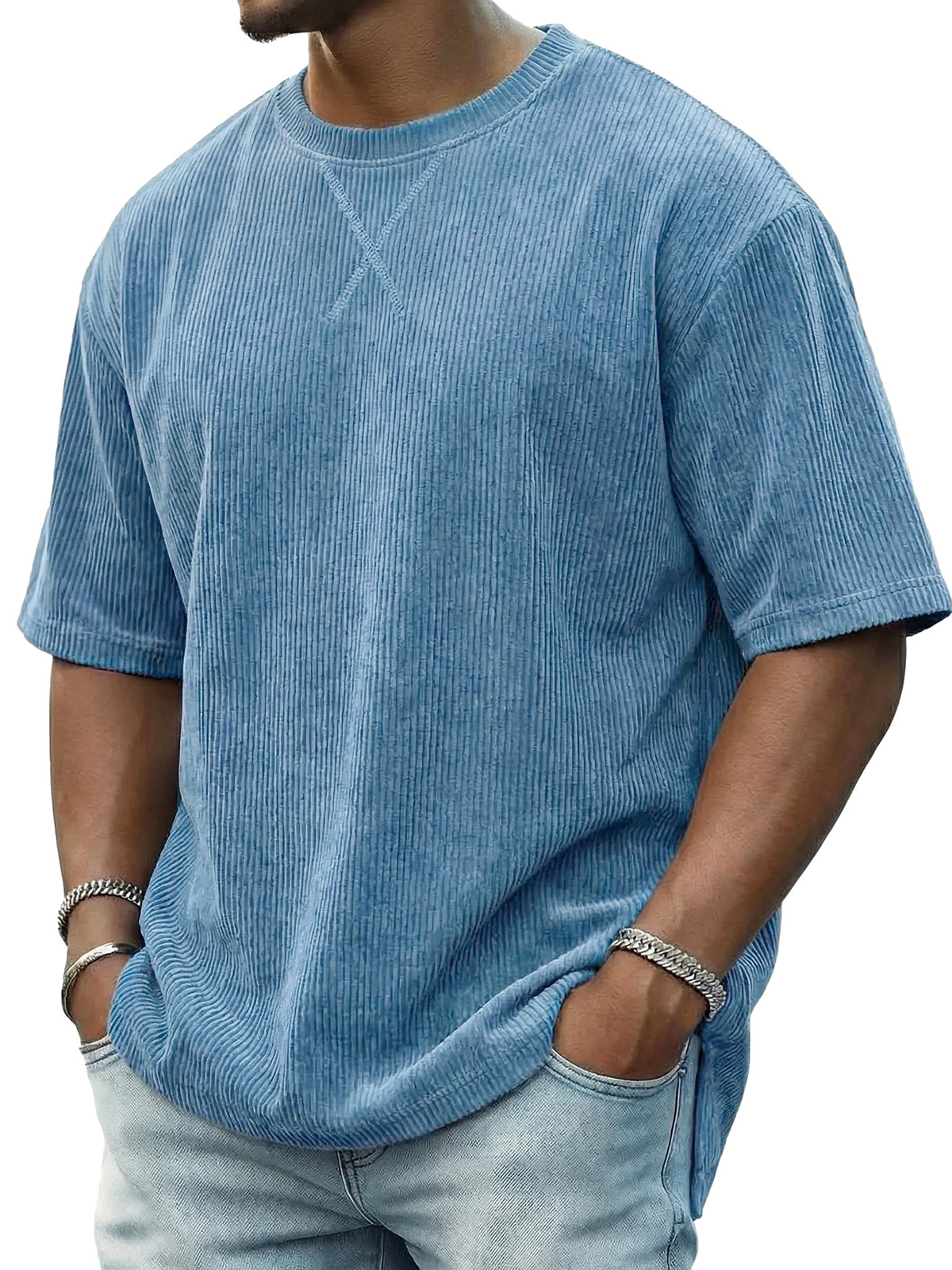 Men's Casual Fashionable Ribbed Crew Neck Short-Sleeve T-Shirt