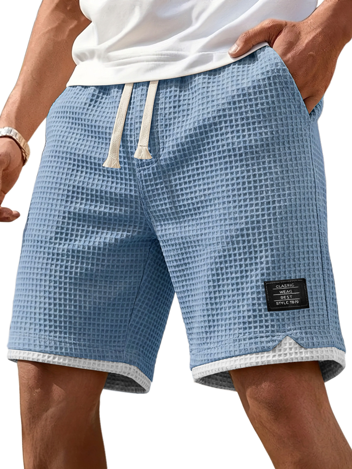 Men's Casual Waffle Color Block Embroidered Logo Loose Shorts