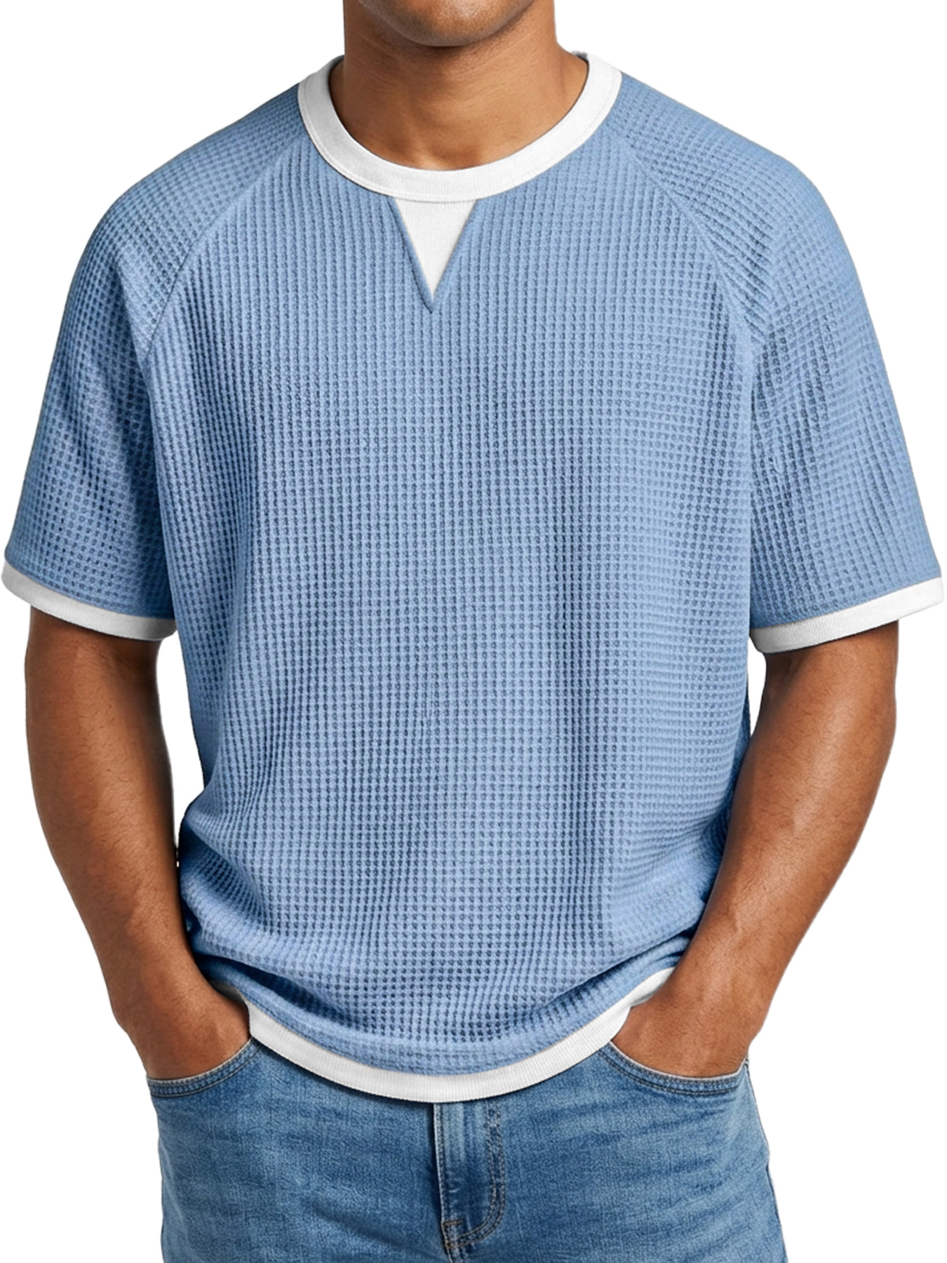 Men's Waffle Casual Color Block Comfortable Crew Neck Short Sleeve T-shirt