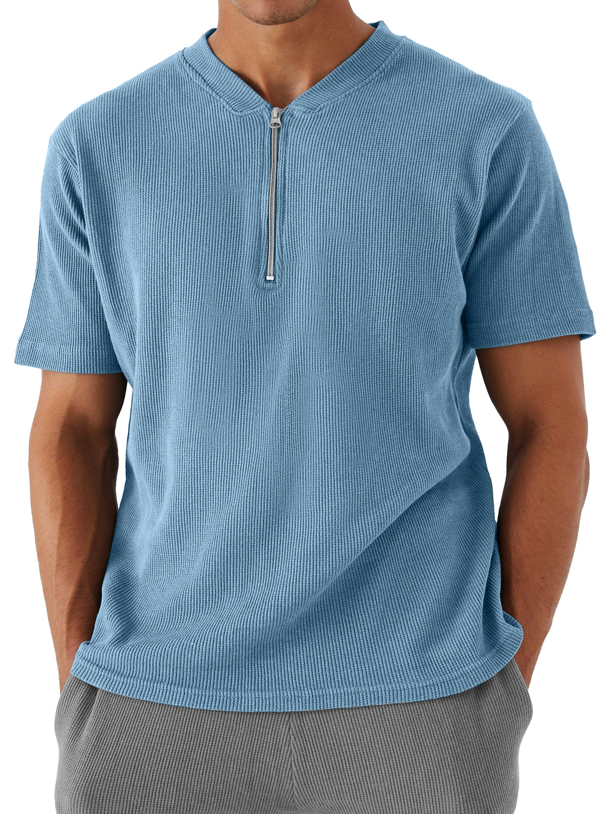 Men's Waffle Zipper Casual Solid Color Short Sleeve T-shirt