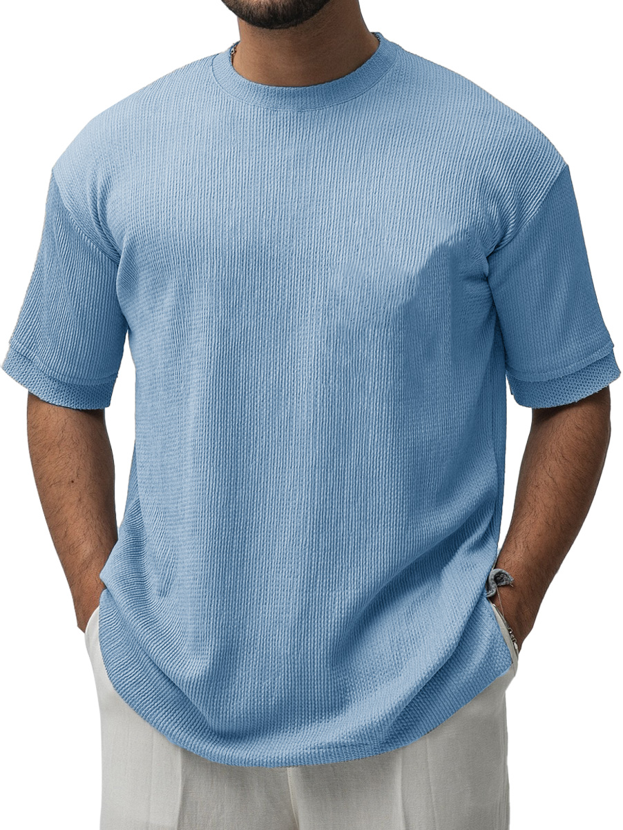 Men's Fashion Casual Ribbed Fabric Short-sleeved Crew Neck T-shirt