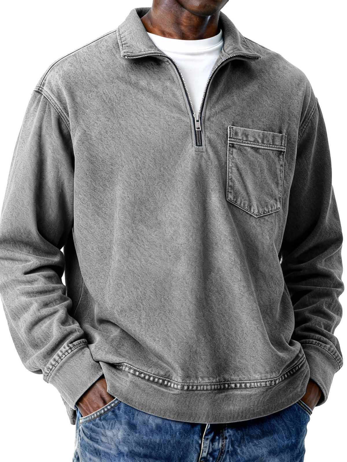 Men's Retro Distressed Zipper Loose Long-Sleeve Polo Shirt