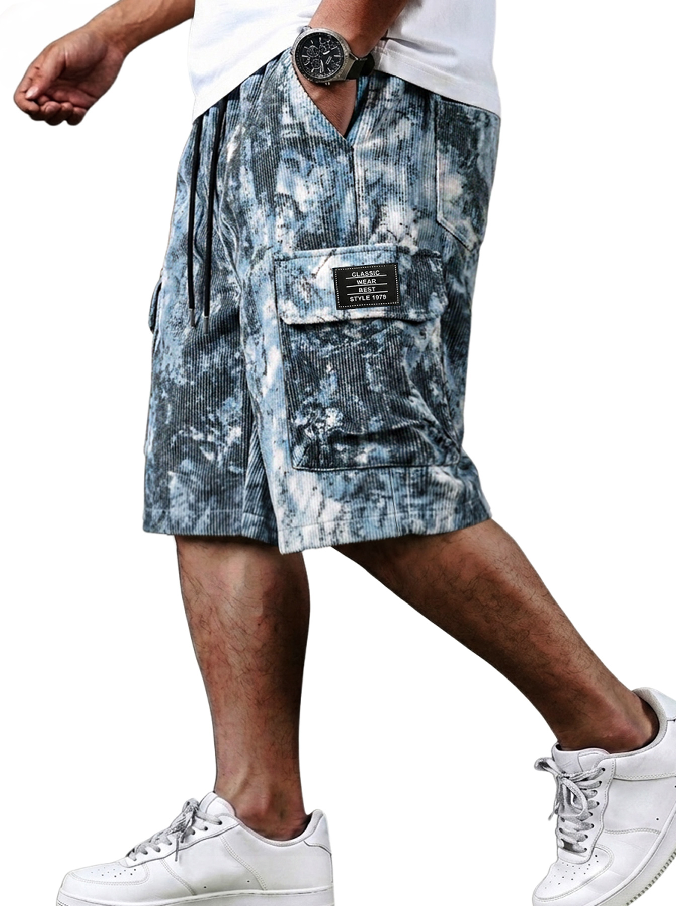 Men's Corduroy Multi-Pocket Casual Tie-Dye Print Shorts