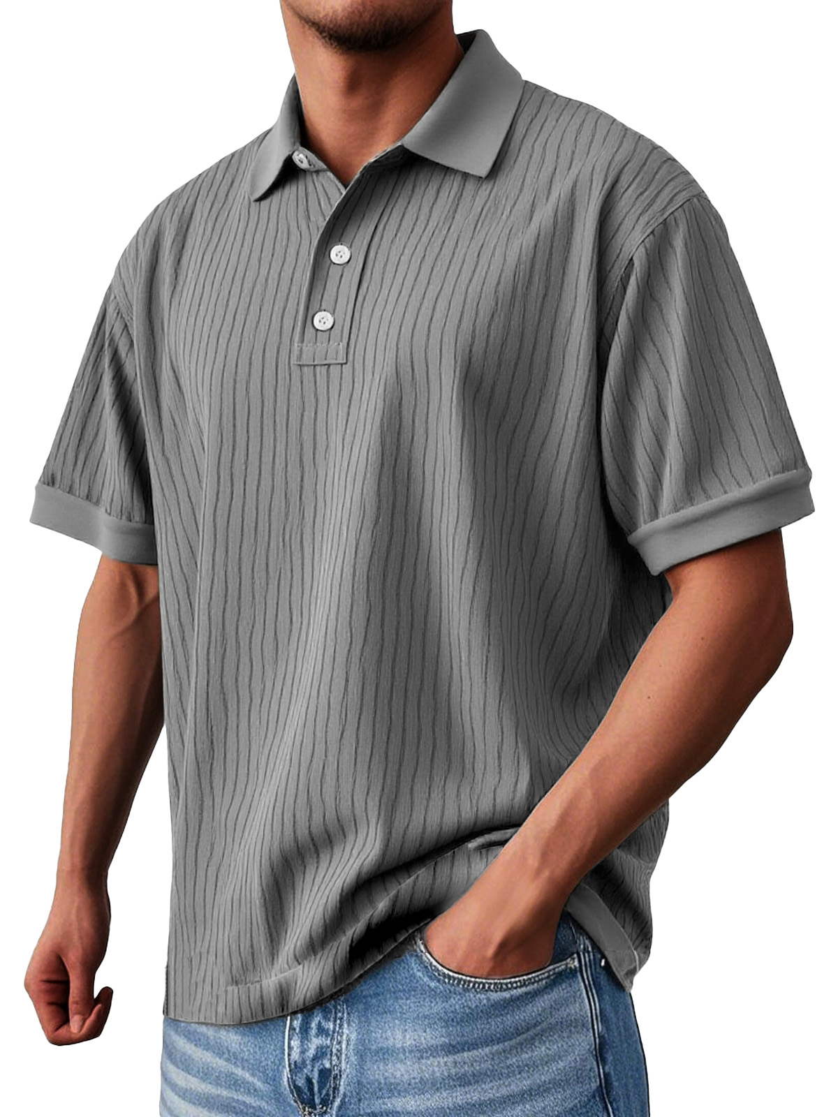 Men's Fashion Daily Textured Fabric Loose Pocket Lapel Polo Shirt