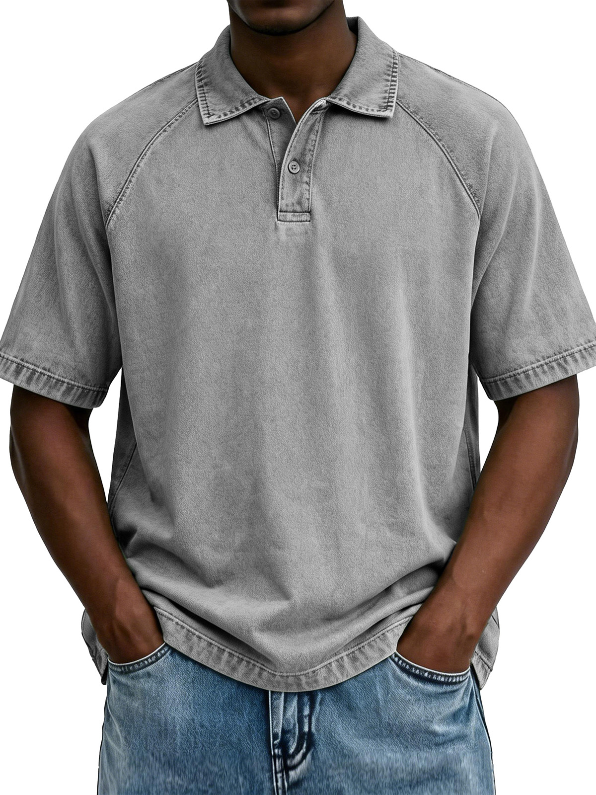 Men's Fashionable Raglan Distressed Collared Loose Short-Sleeve Polo Shirt