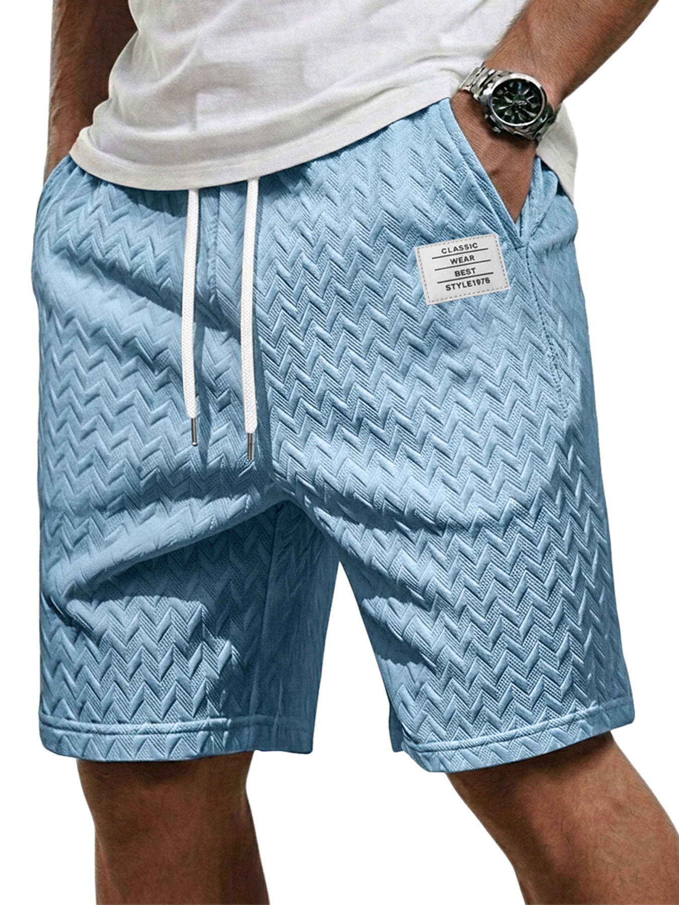 Men's Casual Jacquard Textured Embroidered Logo Elastic Waist Shorts