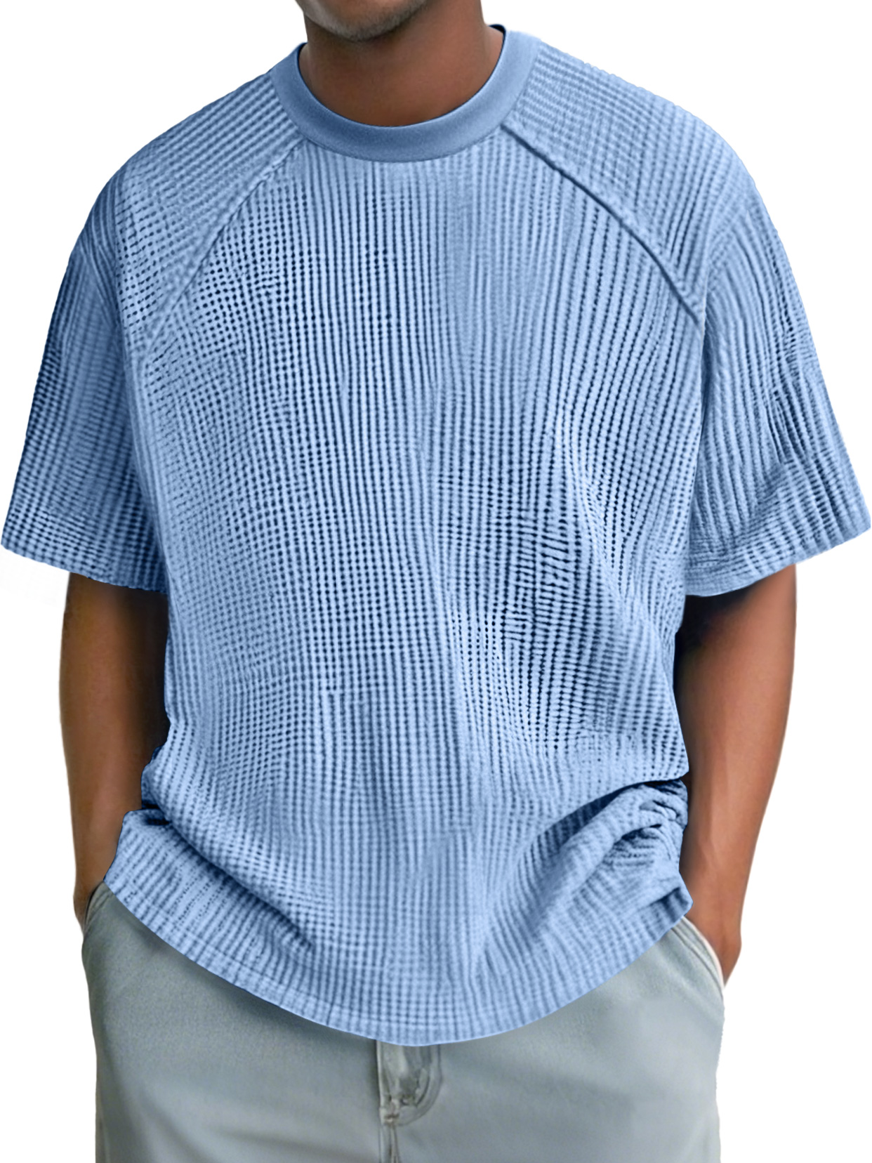 Men's Fashion Waffle Raglan Round Neck Comfortable Short Sleeve T-Shirt