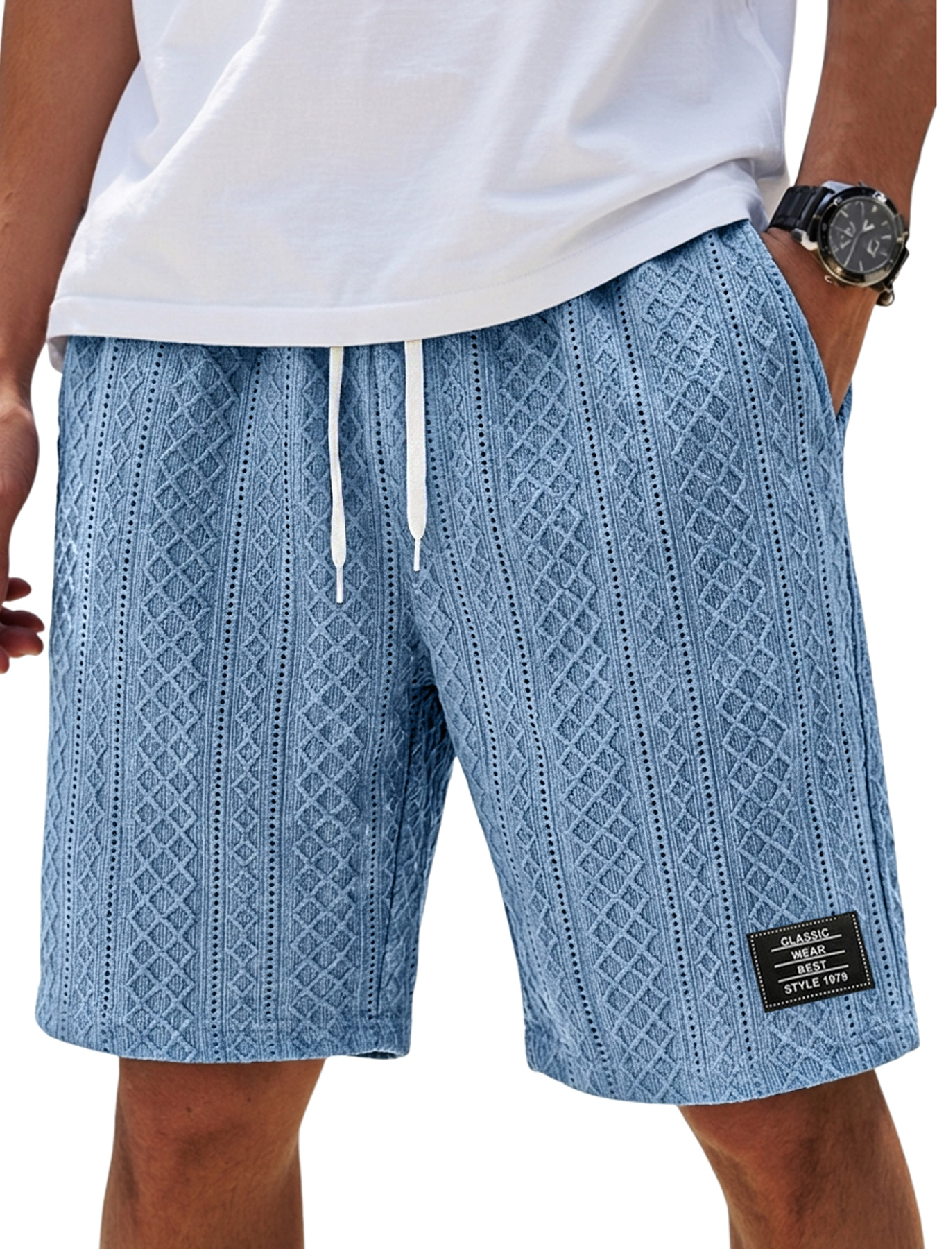 Men's Fashion Textured Embroidered Logo Elastic Waist Casual Shorts