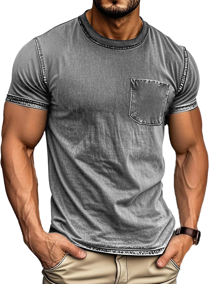 Men's Fashion Retro Distressed Outdoor Round Neck Short Sleeve Pocket T-shirt