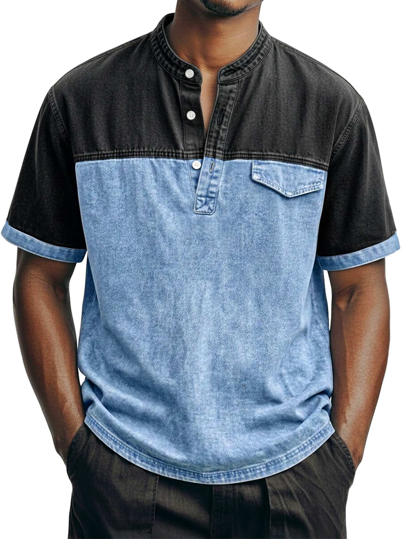 Men's Retro Color Block Casual Stand Collar Button-Down Short Sleeve Henley Shirt