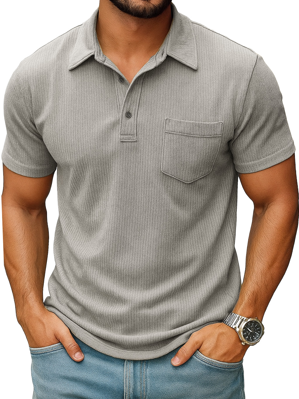 Men's Fashion Casual Ribbed Fabric Pocket Short-sleeved Lapel Polo Shirt