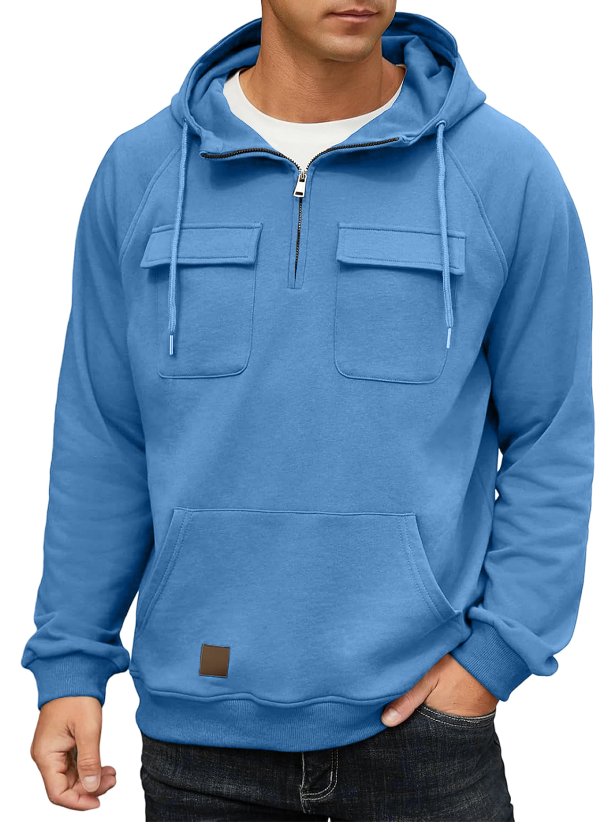 Men's Casual Hooded Zippered Double Pocket Solid Color Sweatshirt
