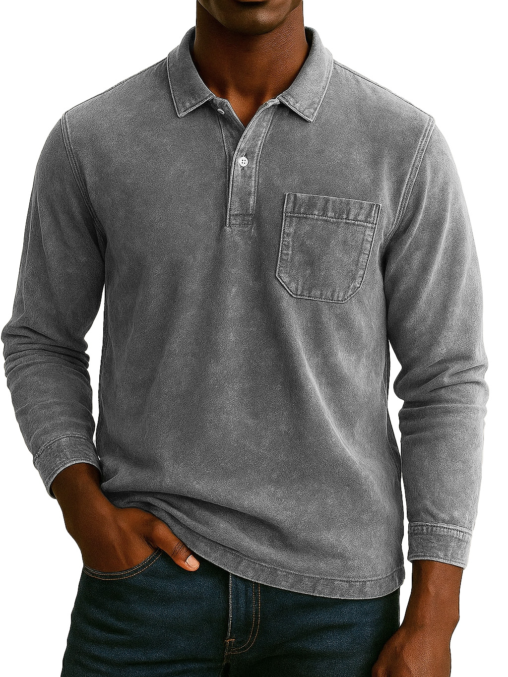 Men's Retro-chic Distressed Pocket Lapel Long-sleeved Polo Shirt