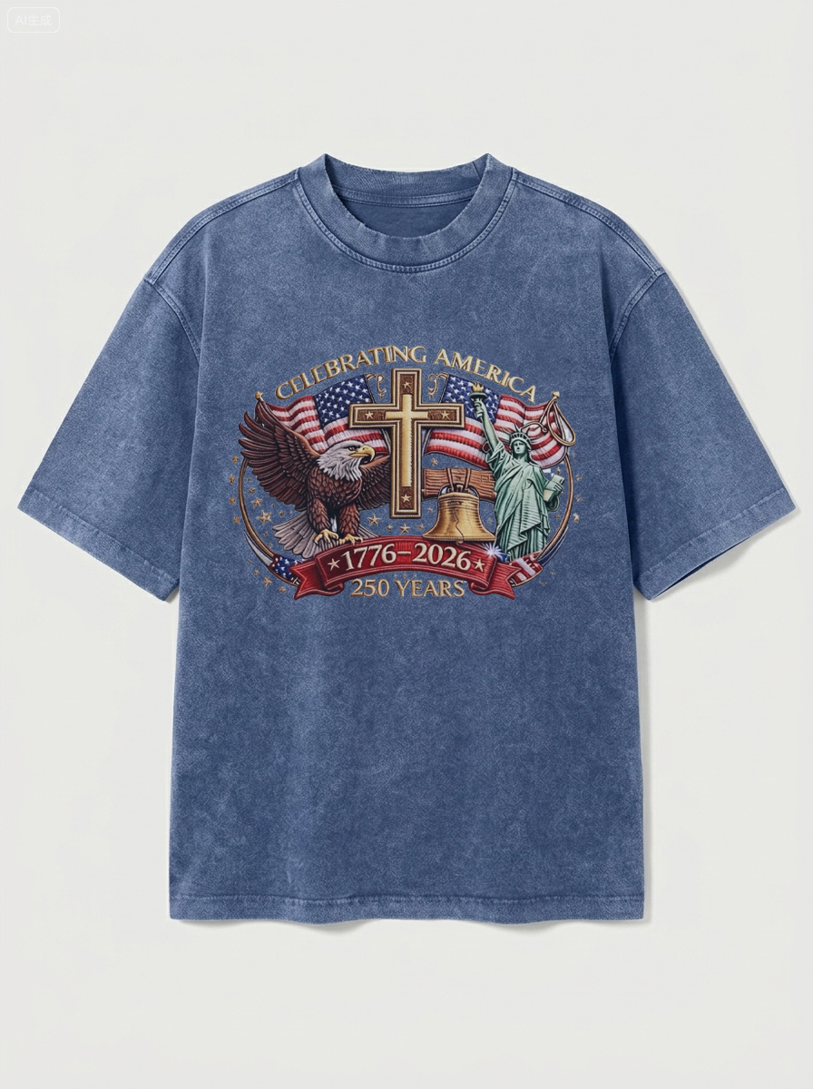 100% Cotton Vintage Washed & Distressed USA 250th Anniversary Crew Neck Short-Sleeve T-Shirt