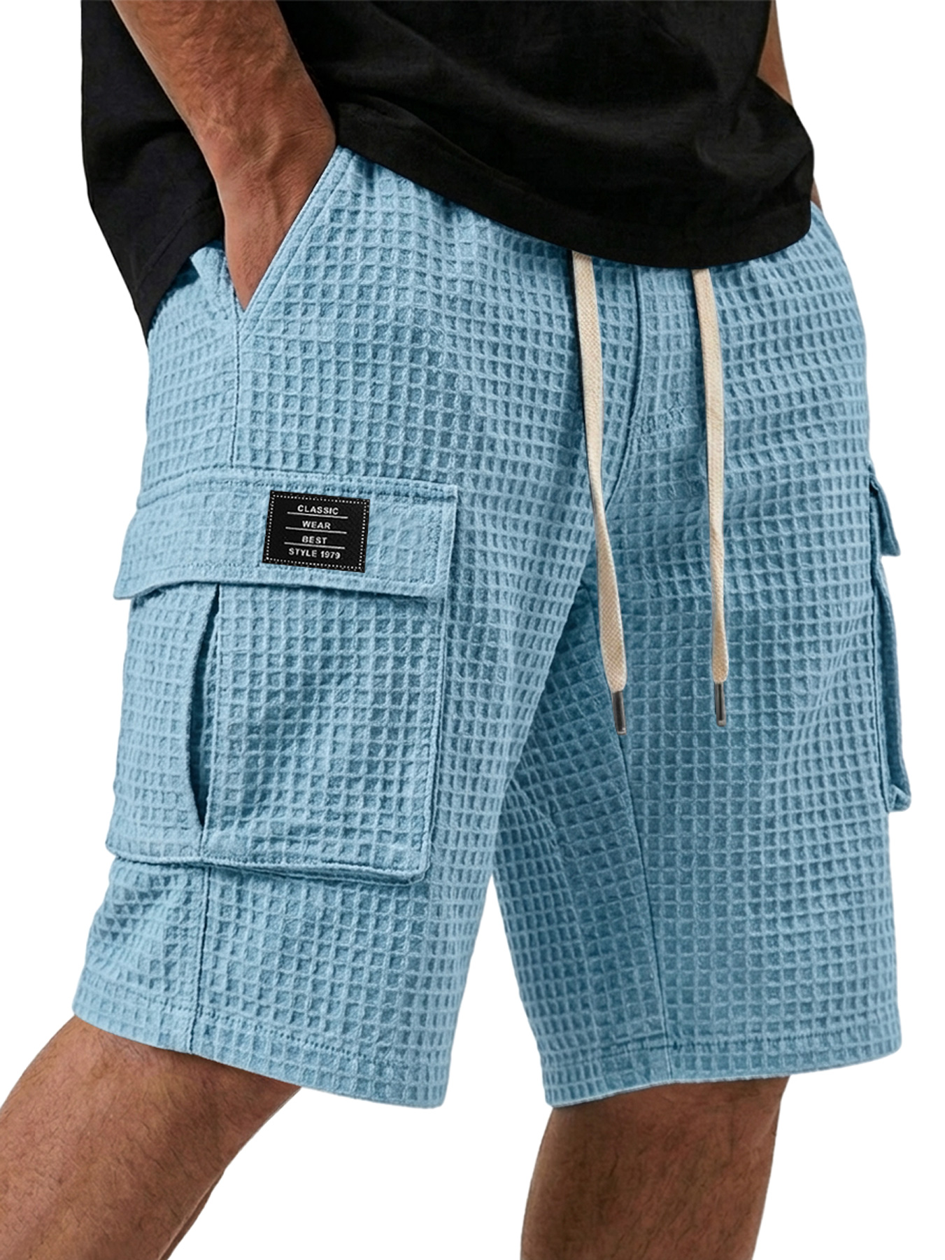 Men's Waffle-patterned Multi-pocket Embroidered Logo Casual Work Shorts