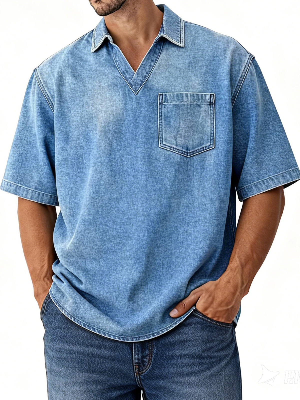 Men's Retro Distressed V-Neck Pocket Short-Sleeve Polo Shirt