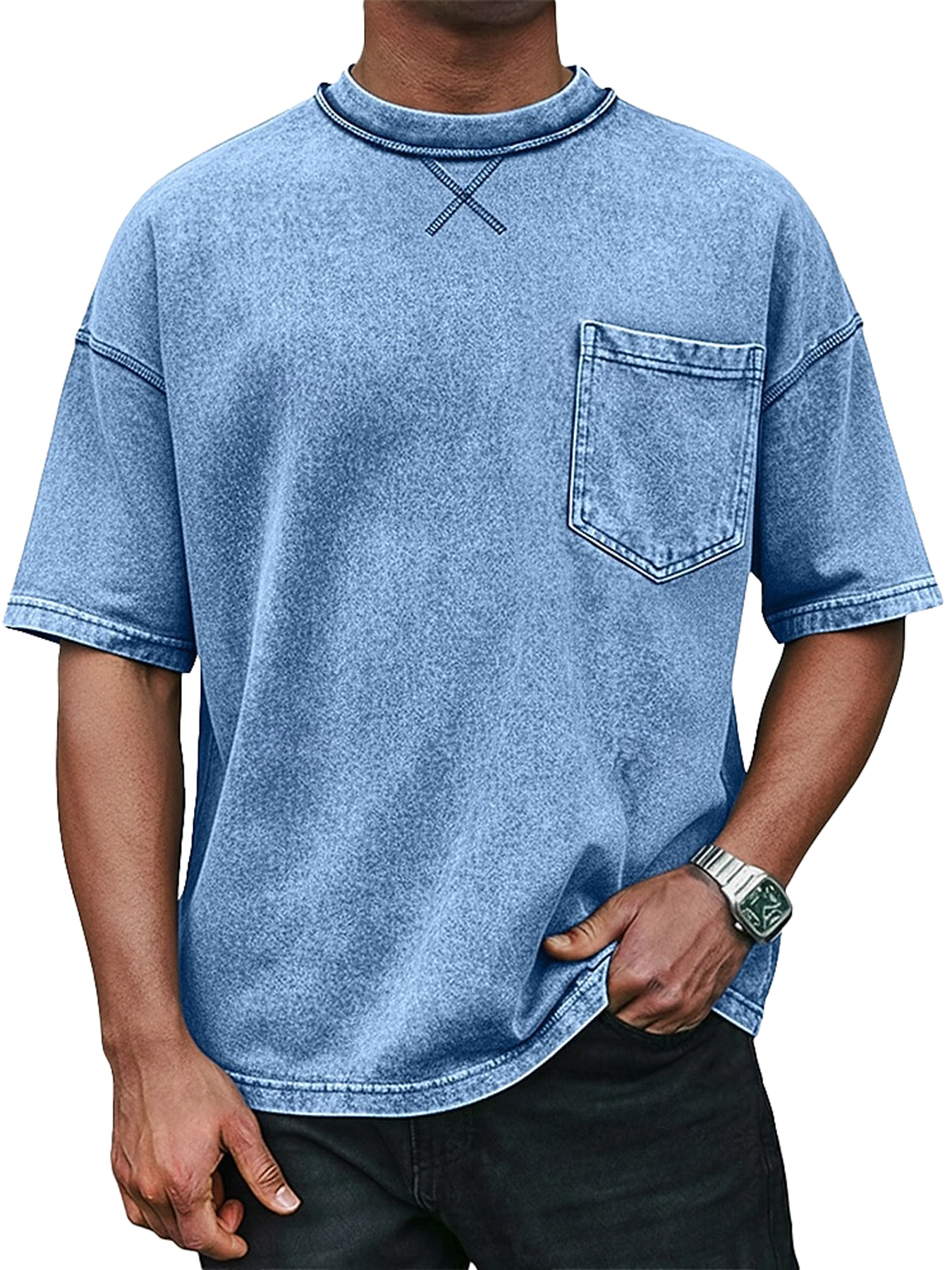 Men's Retro Crew Neck Crossover Design Casual Pocket Short-Sleeve T-Shirt