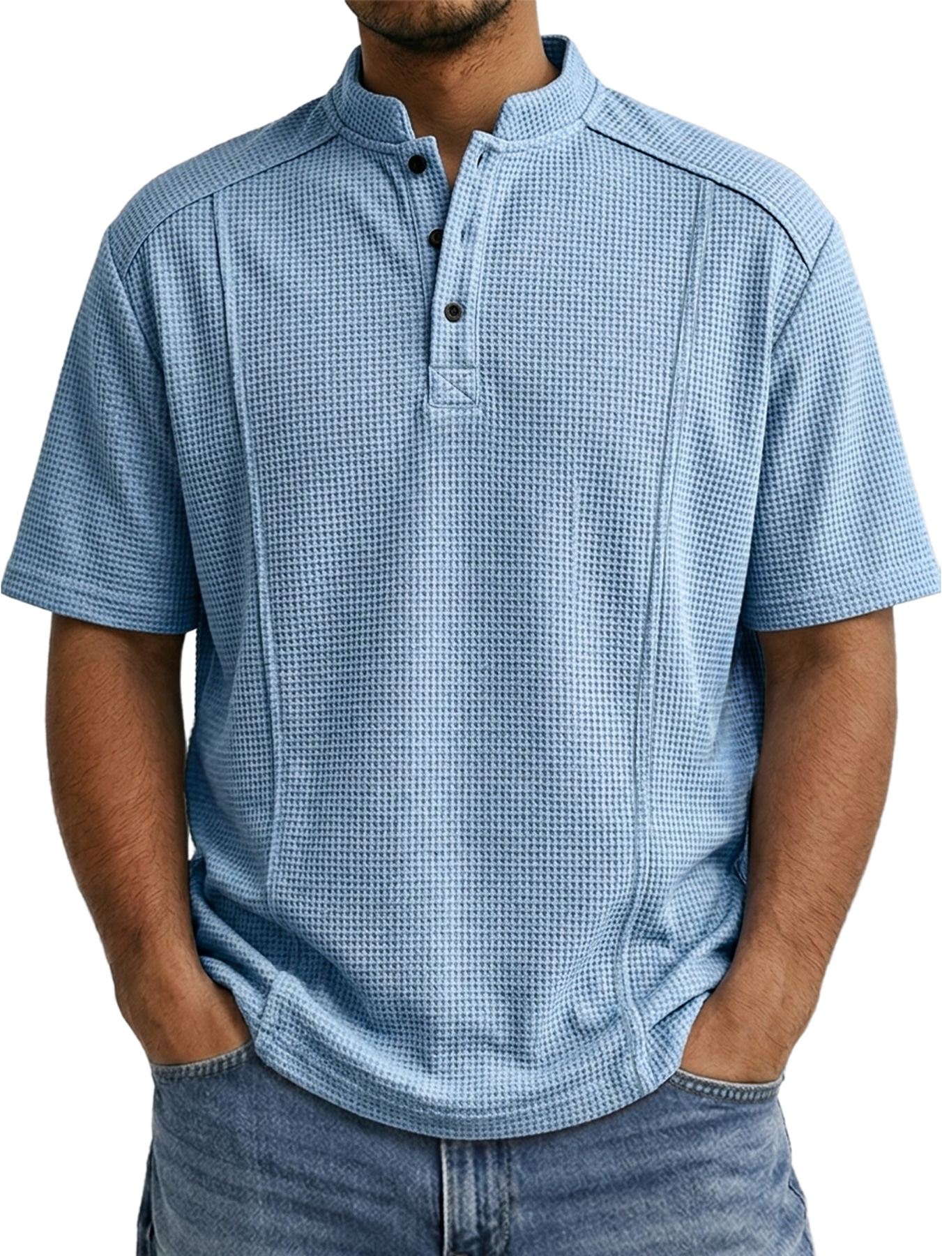 Men's Waffle-knit Deconstructed Stand-up Collar Button-down Casual Short-sleeved Henley Shirt