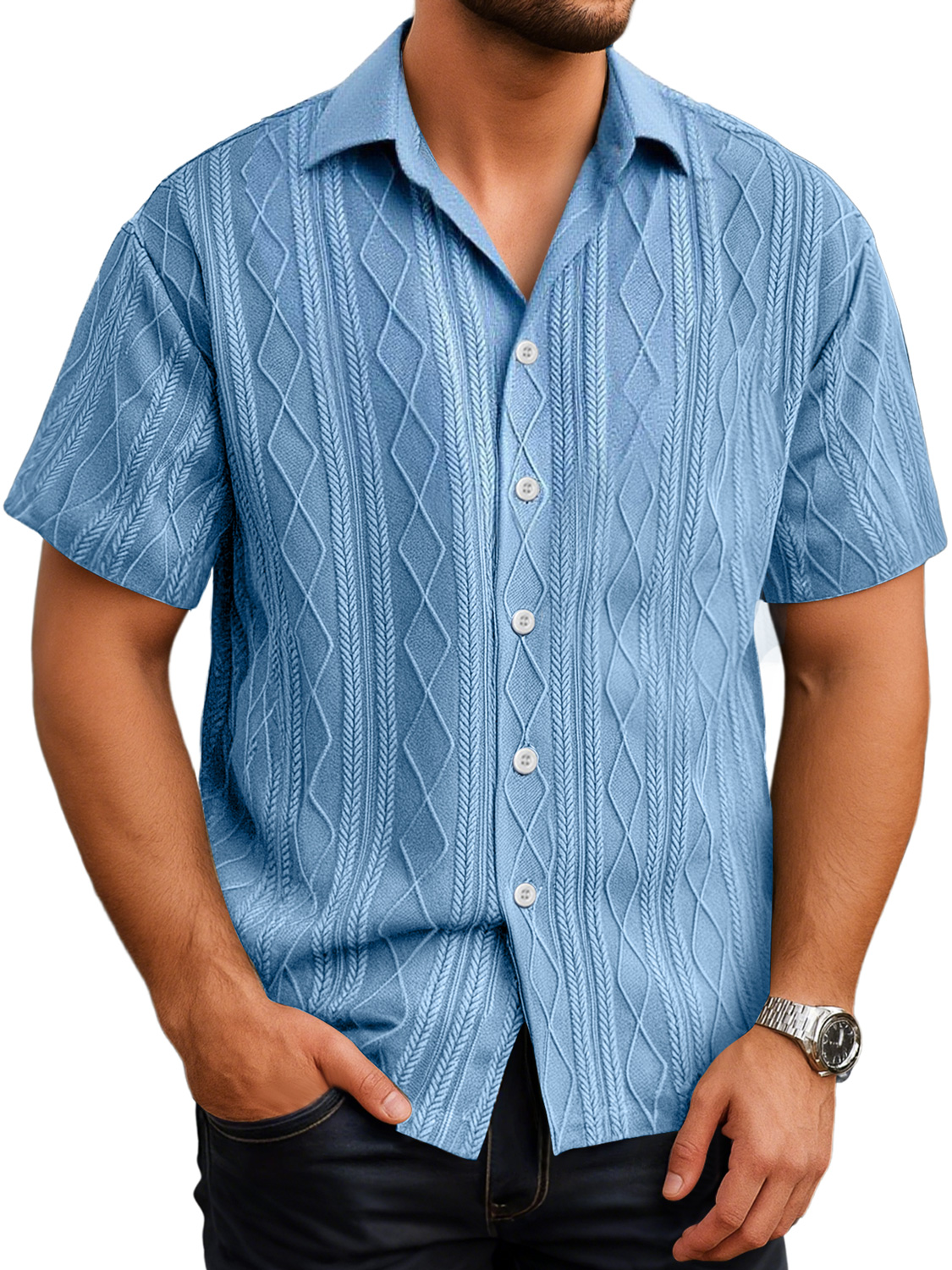 Men's Daily Texture Casual Lapel Solid Color Short Sleeve Shirt