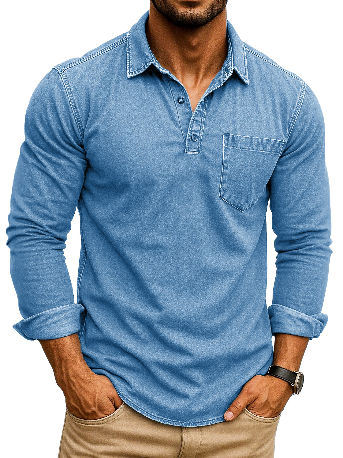 Men's Retro Fashion Distressed Lapel Pocket Long Sleeve Polo Shirt