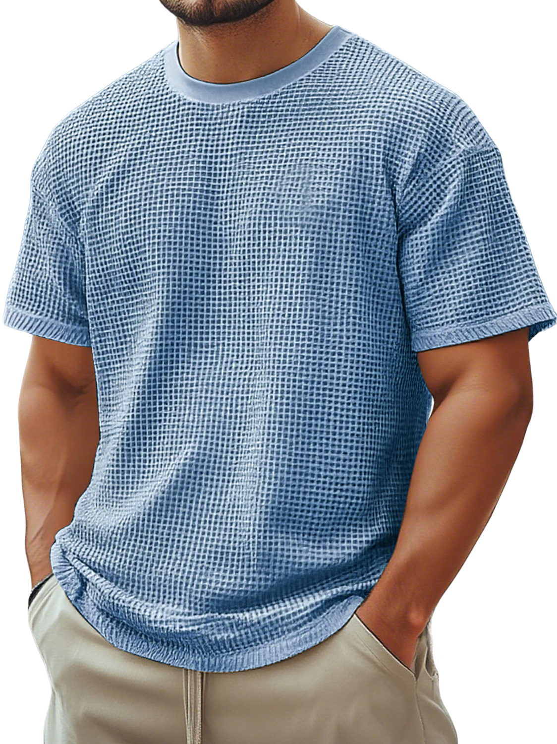 Men's Retro Crew Neck Waffle Casual Short Sleeve T-Shirt