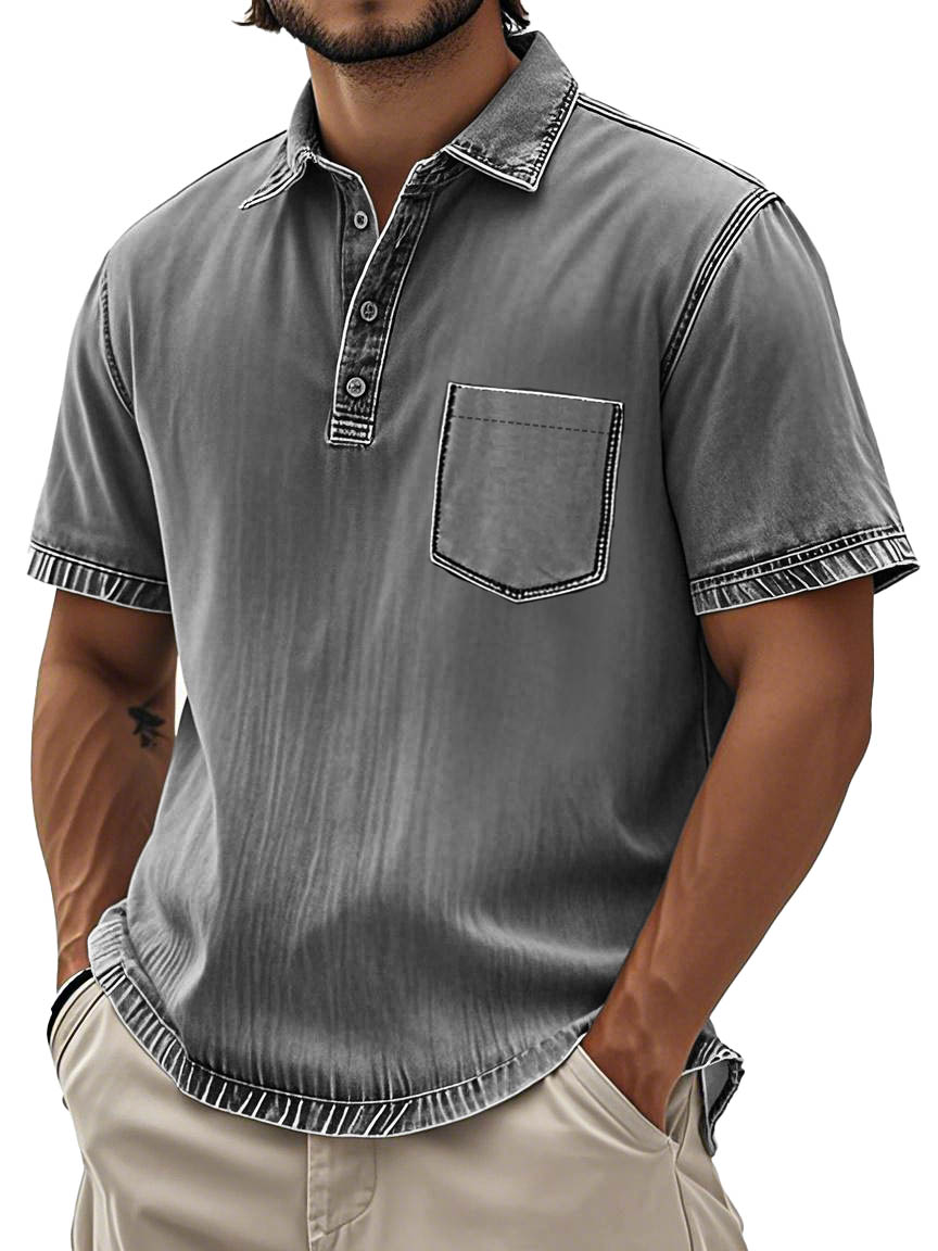 Men's Fashion Retro Washed Cotton Lapel Pocket Polo Shirt