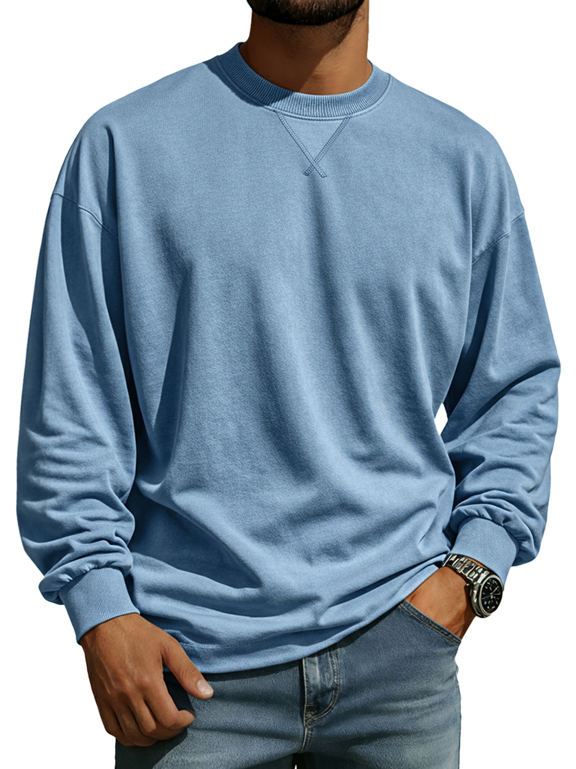 Men's Comfortable Crew Neck Long-sleeved T-shirt With A Crossover Design
