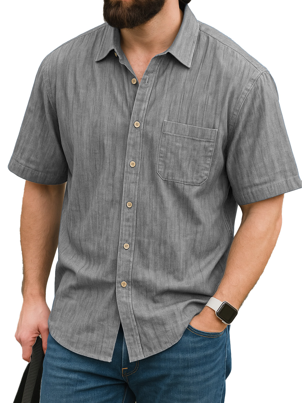Men's Fashion Daily Linen Fabric Pocket Short-sleeved Lapel Shirt
