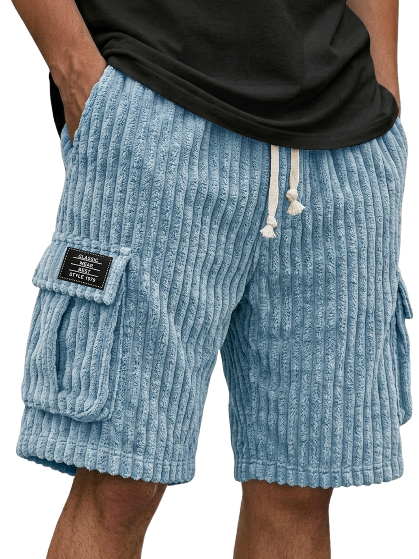 Men's Corduroy Multi-Pocket Embroidered Logo Casual Cargo Shorts