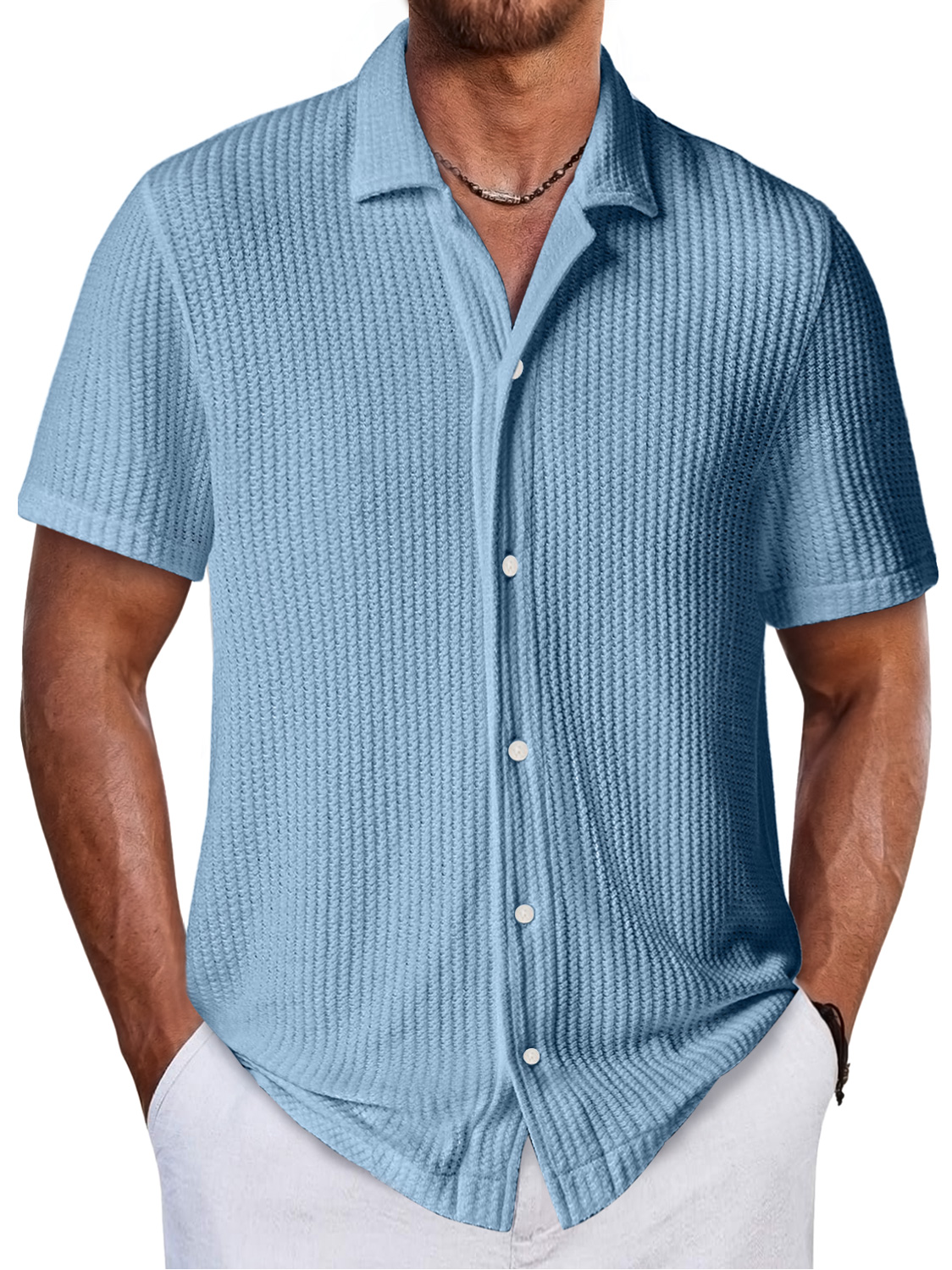 Men's Daily Waffle Texture Casual And Comfortable Short-sleeved Shirt