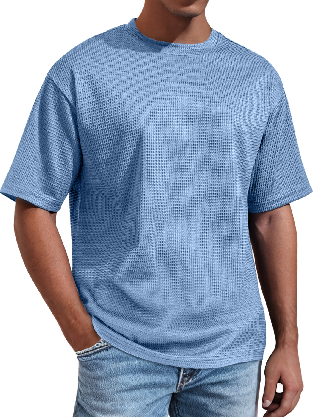 Men's Daily Round Neck Waffle Casual Solid Color Comfortable Short Sleeve T-shirt