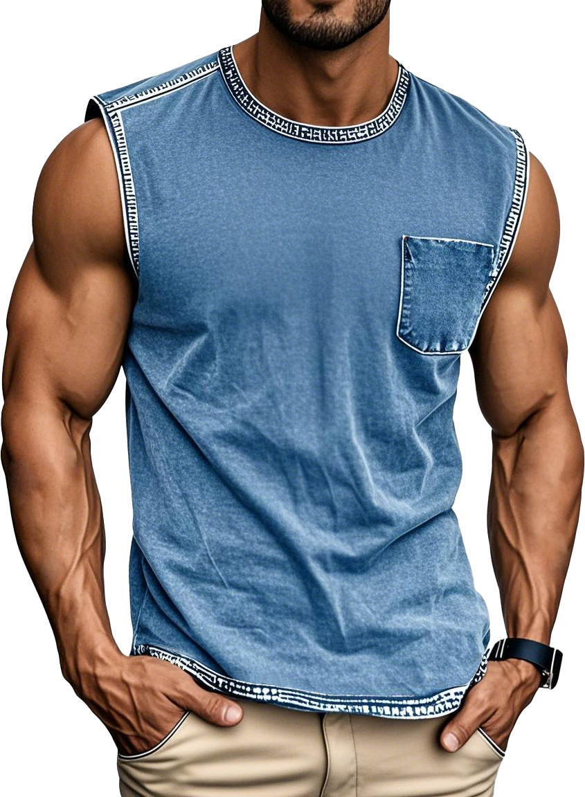 Men's Fashion Retro Distressed Round Neck Pocket Sleeveless T-shirt