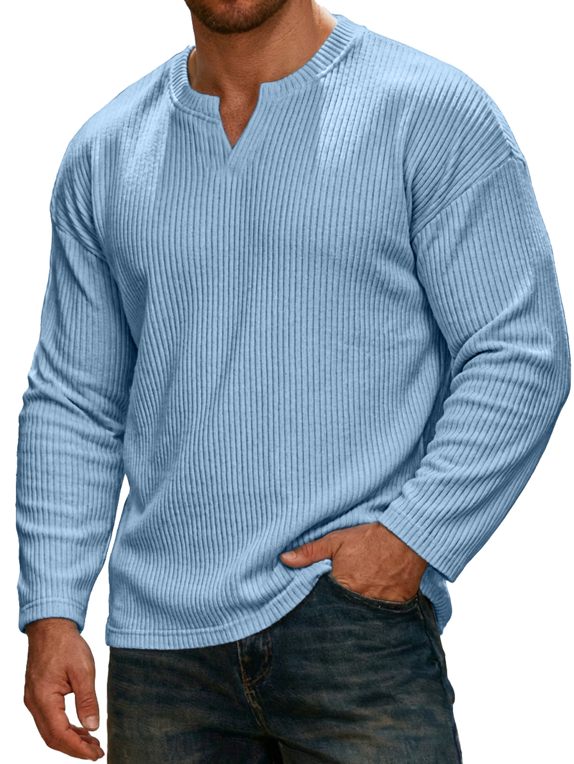 Men's Simple Ribbed V-neck Long-sleeved Casual T-shirt