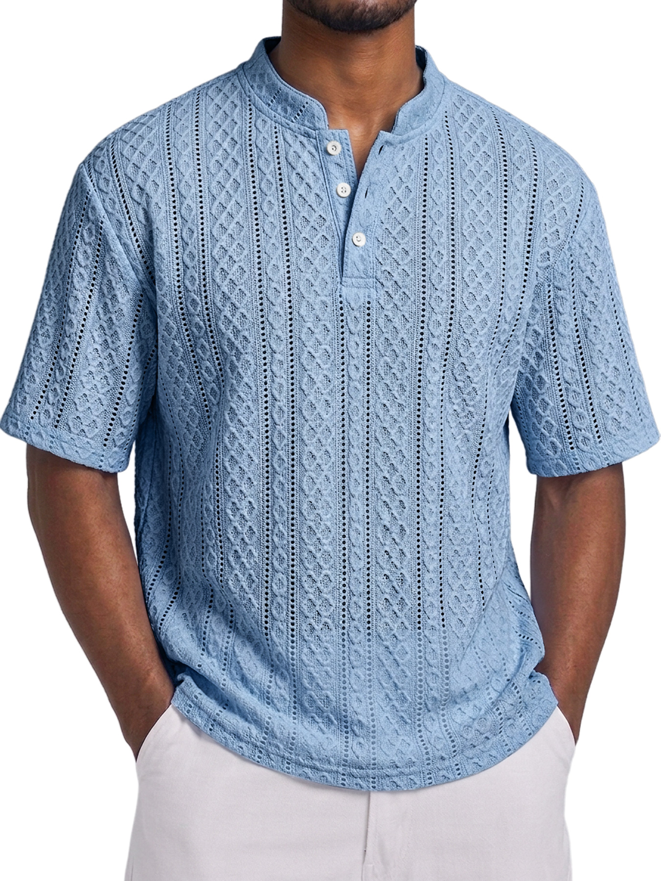 Men's Short-Sleeve Henley Shirt with Stand Collar, Button Placket, and Textured Jacquard Finish