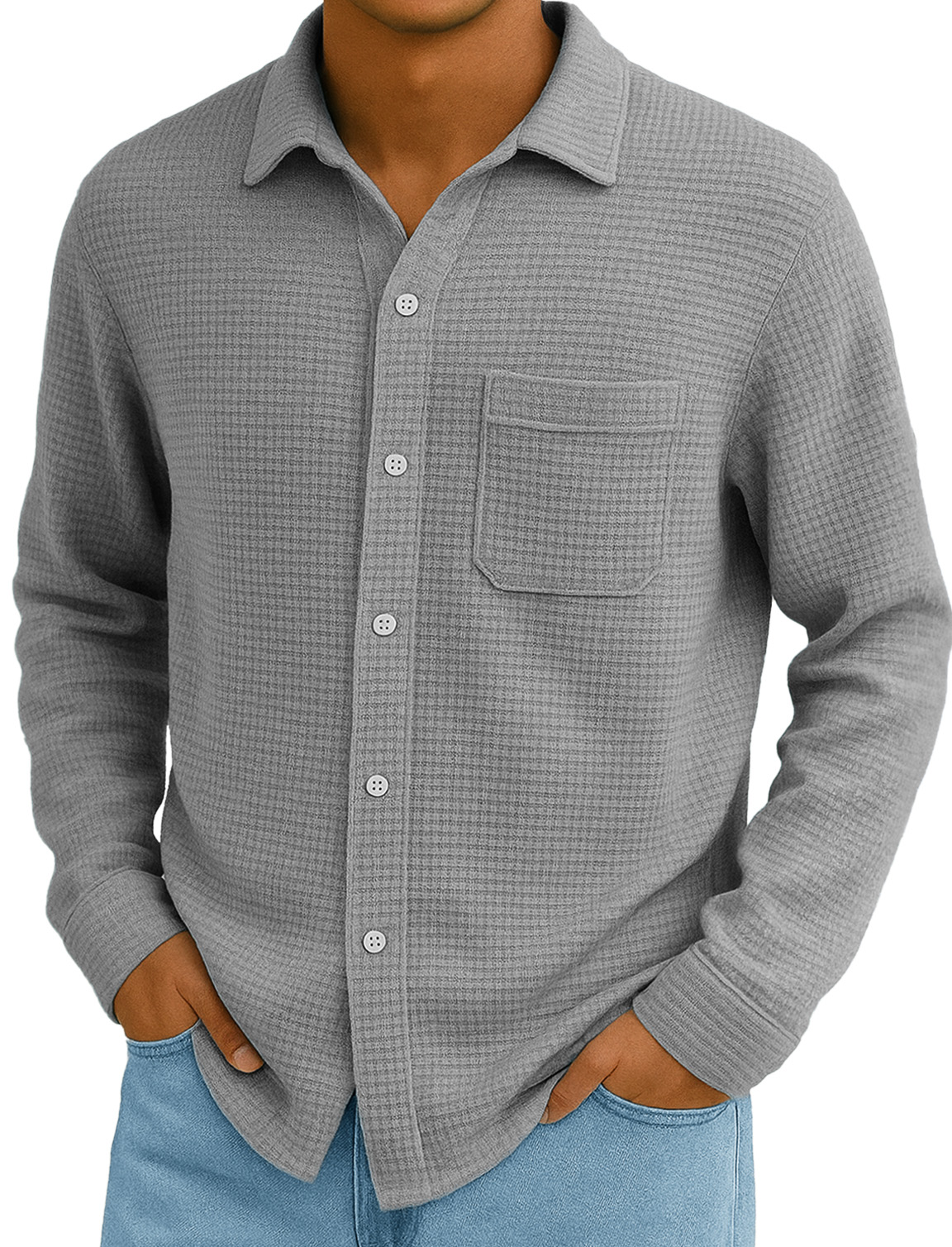 Men's Stylish Everyday Casual Waffle Fabric Pocket Lapel Long-sleeved Shirt